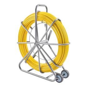 Fish Tape Fiberglass, 656 ft, 5/16 in, Duct Rodder Fishtape Wire Puller, Cable Running Rod with Steel Reel Stand, 3 Pulling Heads